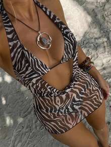 Aloruh Women's New Bikini Set For Spring/Summer, 3 Pieces Swimwear, Bikini With Draped Neck Skirt Cover-Up, Women's Beach Skirt, Sexy & Elegant Retro Romantic Zebra Print Swimwear, Women's Beach Outfit, Women's Resort Wear - Multicolor - View 9
