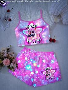 SHEIN 少女針織細肩帶上衣與短褲休閒兩件套 - 紫色 - 查看 6