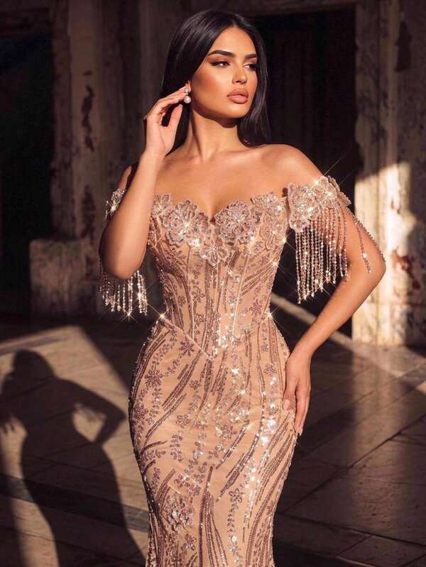 Glamrae Elegante y lujoso vestido de noche con encaje bordado con diamantes, mangas con hombros descubiertos, flecos y corte de sirena, adecuado para boda, fiesta de soltera, vacaciones, baile, festival, fiesta, festival de música, graduación, cena (trabajo pesado)