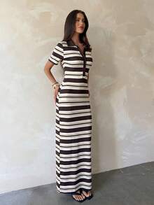 Aloruh 女款夏季休閒時尚復古對比色棕色條紋短袖 Polo 領修身洋裝，適合早午餐與度假 - 彩色 - 查看 6