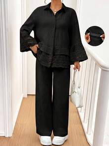 SHEIN 孕婦休閒通勤純色襯衫與長褲兩件套 秋季 - 黑色 - 查看 5