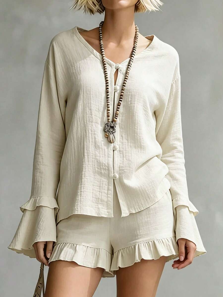 SHEIN Women's Streetwear Boho Fashion Casual Beige Textured Fabric Round Neck Button Bell Sleeve Shirt Elastic Waist Ruffle Shorts Two Pieces Set Autumn - Apricot - View 1
