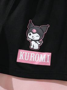 HELLO KITTY AND FRIENDS | SHEIN Setelan 2 potong: Kaos Lengan Pendek Leher Bulat Bergambar Kartun Lucu untuk Anak Perempuan dan Celana Pendek Longgar - Hitam dan Putih - View 7