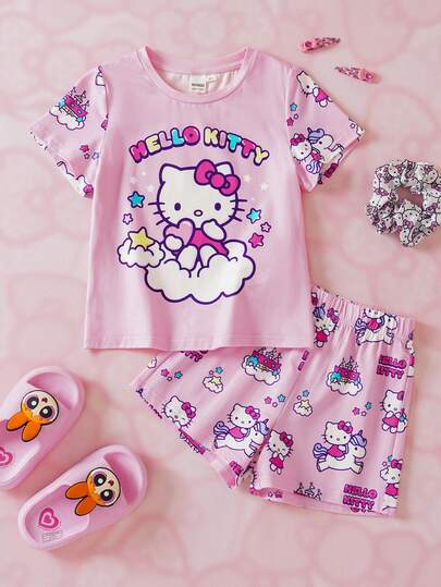 HELLO KITTY AND FRIENDS | SHEIN 女童圓領字母卡通印花短袖上衣與短褲休閒居家睡衣套裝