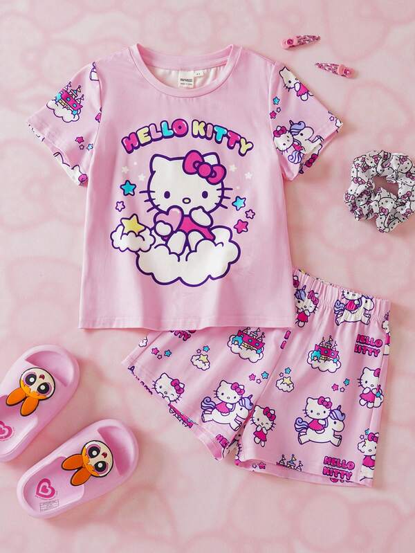 HELLO KITTY AND FRIENDS | SHEIN 女童圓領字母卡通印花短袖上衣與短褲休閒居家睡衣套裝