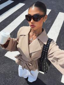 Muchica 女款秋季卡其色雙排扣休閒優雅風衣 / 雙領編織夾克，適合上班通勤穿搭 - 卡其色 - 查看 4