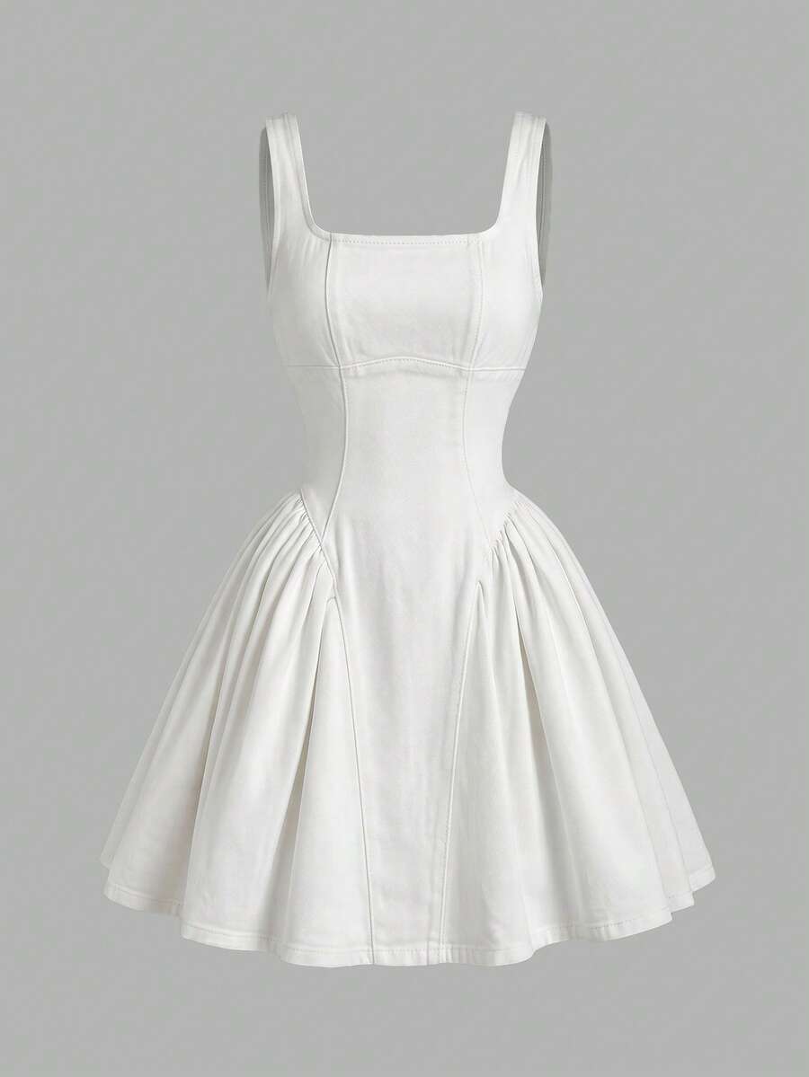SHEIN MOD Women's Ruched Denim Dress, Fashionable For Dates And Parties - White - View 1