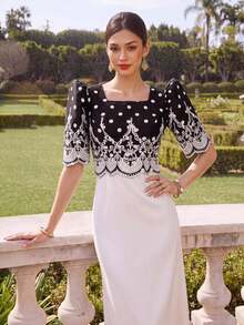 Zaforene Women's Polka Dot Floral Embroidered Pattern Casual Vintage Elegant Daily Wear Garden Party Tea Party Anniversary Blouse Black White Autumn - Apricot - View 3