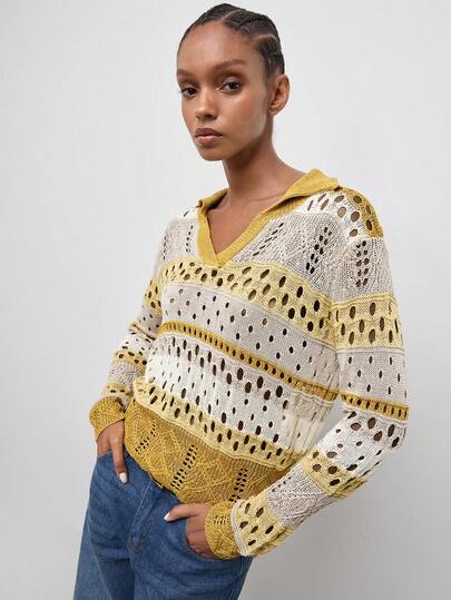 Maija Women's Fashion Holiday Hollow-Out Contrast Color Long Sleeve Knit Tope,Going Out Outfits, Work Outfits For Women,Fall Clothes