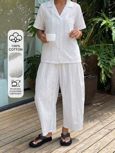 DAZY 2pcs/Set Women's Loose Cardigan Short Sleeve Top & Lantern Pants Pajama Set, Summer Outfit