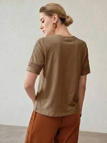 MOTF PREMIUM WOMEN SUMMER SOLID LACE INSERT SHORT SLEEVE TEE - Coffee Brown - View 2