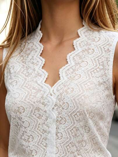 SHEIN LUNE Top de mujer talla grande primavera/verano 1 pieza con borde ondulado, cuello alto, encaje, sin mangas, ajustado, efecto adelgazante, estilo maduro, para usar como prenda interior/exterior, camiseta de tirantes