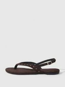 HighSole 深棕色鉚釘夾腳拖鞋，鑲嵌復古金色金字塔裝飾，大膽前衛造型，適合度假風，春季街頭穿搭 - 深棕色2zz - 查看 2