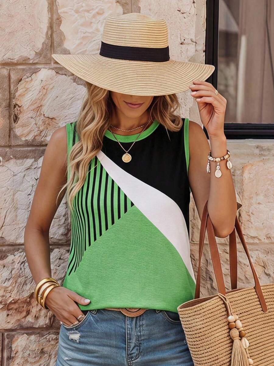 SHEIN Women's Summer Casual Vacation & Commute Patchwork Print Loose Tank Top - Multicolor - View 1