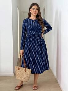 SHEIN LUNE Plus Size Polka Dot Cinched Waist Casual Dress Fall - Navy Blue - View 6