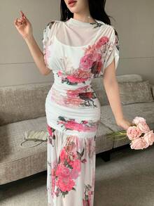 Modelyn 白色網紗花卉印花百褶優雅長洋裝，適合女性，婚禮與度假穿著 - 白色 - 查看 4