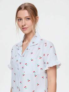 Bonmuse 3pcs Women's Cherry Striped Print Pajama Set With Pockets, Front Button, Ruffle Hem Short Sleeve Top And Shorts & Pants, Summer Sleepwear - Multicolor - View 6