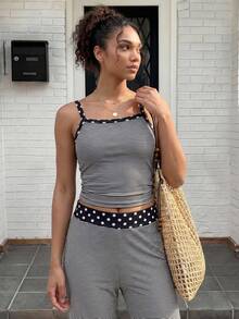 SHEIN Teen Girls 2pcs/Set Teenager Striped Tank Top Set, Comfortable Striped And Polka Dot Print, Fashionable And Comfortable. Autumn Outfit With Jacket - Black - View 4