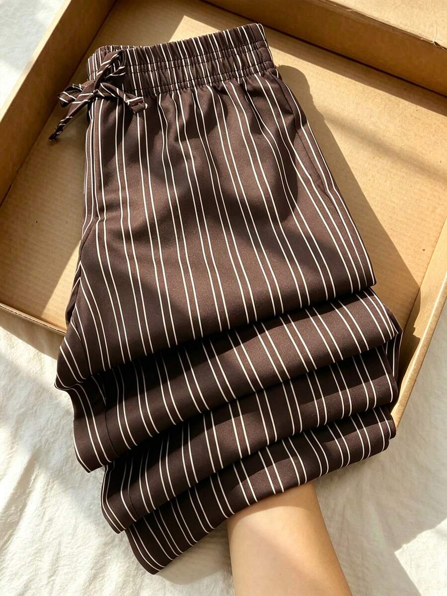 SHEIN 女童波點休閒長褲,經典棕色,側面對比飾邊設計,運動風梭織布料,鬆緊腰頭,秋季 - 棕色 - 查看 1