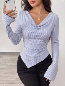 SHEIN 露肩不對稱領口收腰不對稱下擺針織T恤 - 藍白色 - 查看 4