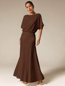 COSMINA Women's Vintage Solid Color Pleated Elegant Mermaid Hem Dress - Brown - View 2