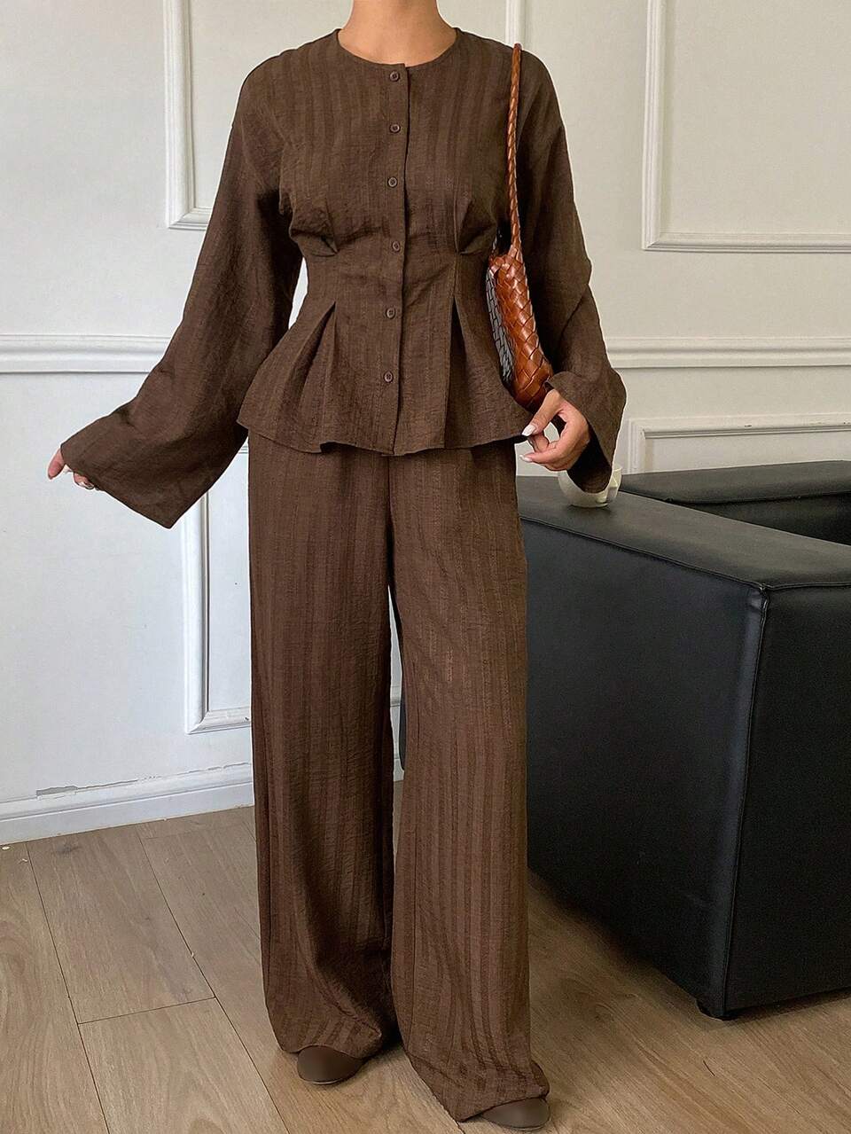 Women's 2-Piece Set: Striped Solid Color Fitted Pleated Waist Long Sleeve Blouse & Loose Wide Leg Pants, Elegant Formal Vacation Spring Autumn Outfit