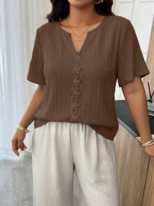 Weeklong Blusa holgada de manga corta con volantes y parches florales para mujer talla grande, primavera/verano - Marrón - Ver 7