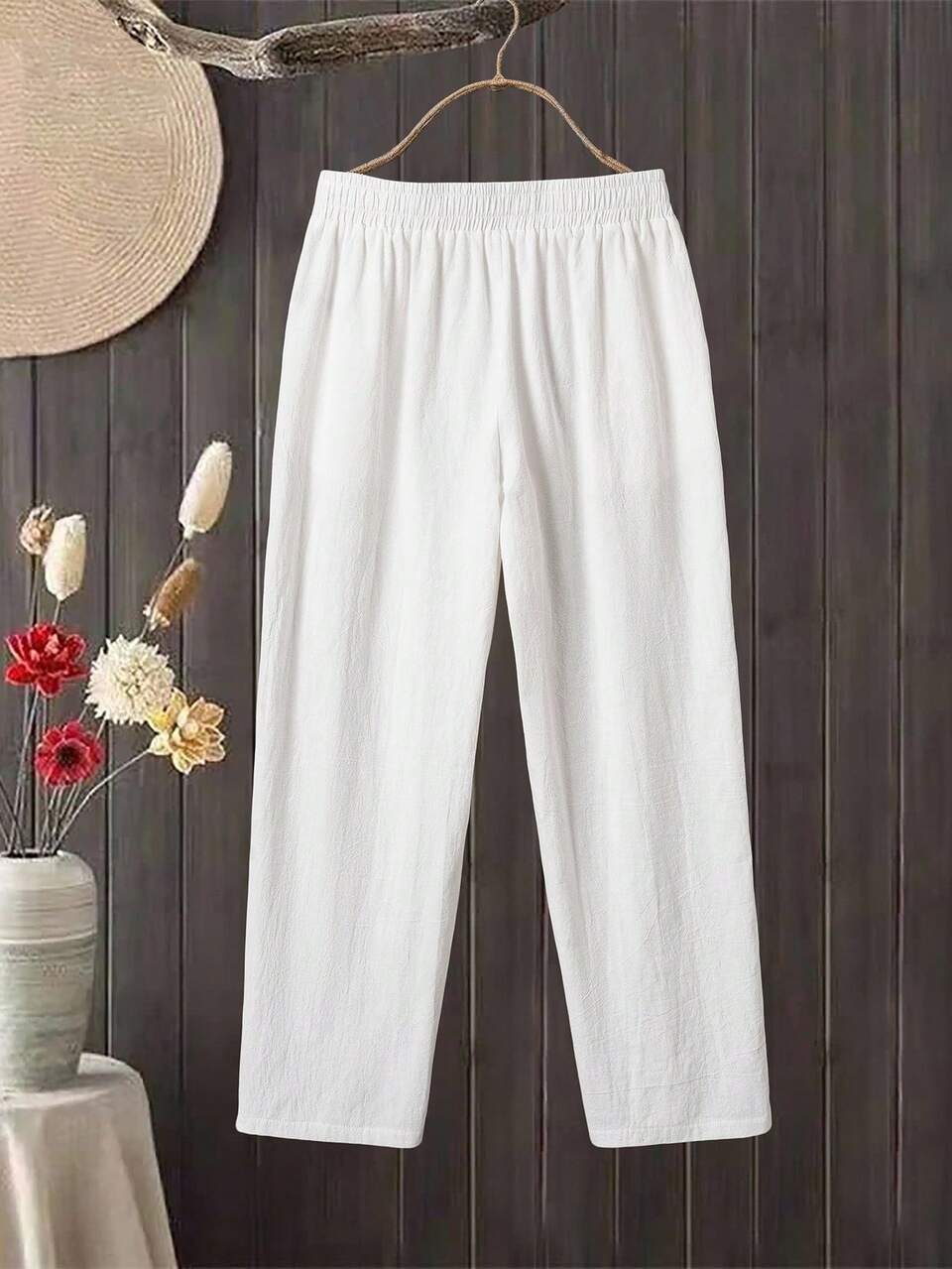 Women's Solid Color Minimalist Basic Casual Pants Linen European Summer Clothes Fall Everyday Home White