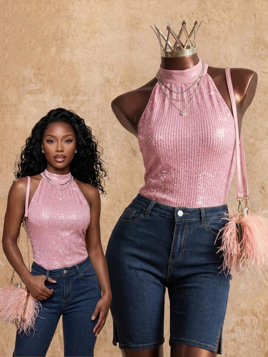 SHEIN Women's Sequin Patchwork Solid Color Elegant Fashion Sleeveless Blouse Party Night Club Light Pink Summer - Pink - View 1