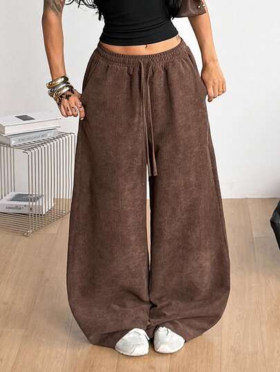 Coolane Women's Solid Color Drawstring Waist Casual Versatile Daily Wide Leg Pants