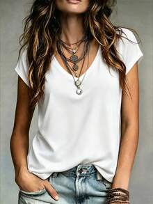 Omancia Camiseta de mujer de unicolor con escote en V, minimalista y de moda, adecuada para el verano - Blanco - Ver 1