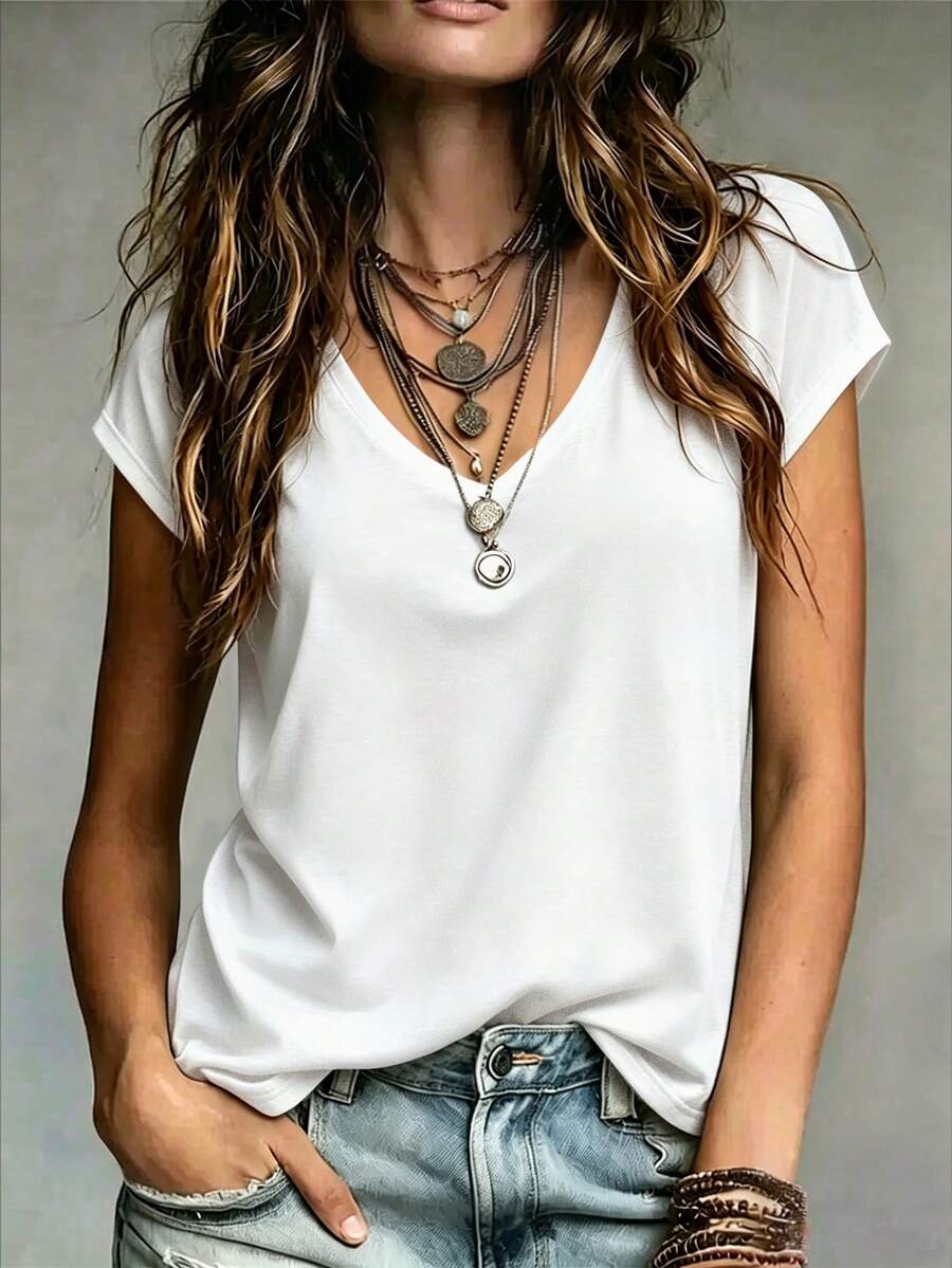 Omancia Camiseta de mujer de unicolor con escote en V, minimalista y de moda, adecuada para el verano - Blanco - Ver 1