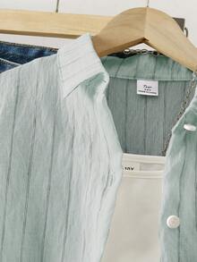 Sparklyn 青少年 13-19 歲米白色條紋長袖 Polo 刺繡襯衫 - 綠色 - 查看 3