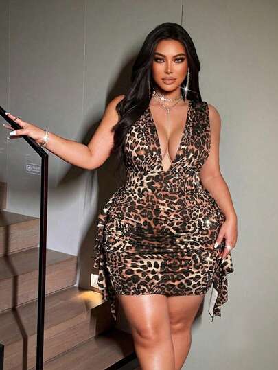 NU&NOW Plus Size Sexy Country Leopard Print Deep V-Neck Fitted Dress, Summer Rave Cocktail Black Club Going Out