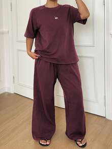 Dazy Plus Minimalist Cute Cartoon Print Raglan Sleeve Loose Fit Loungewear Pajama Set For Women, Spring/Summer, Plus Size - Red Violet - View 3