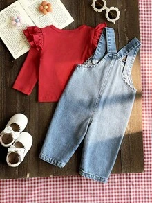 SHEIN Vintaside Kids 2件組嬰兒男童女童中性款 0-3歲幼兒春秋紅色甜美風花卉刺繡牛仔長褲，圓領長袖套頭上衣搭配牛仔吊帶褲套裝，適合外出、購物與休閒穿著 - 紅色 - 查看 2