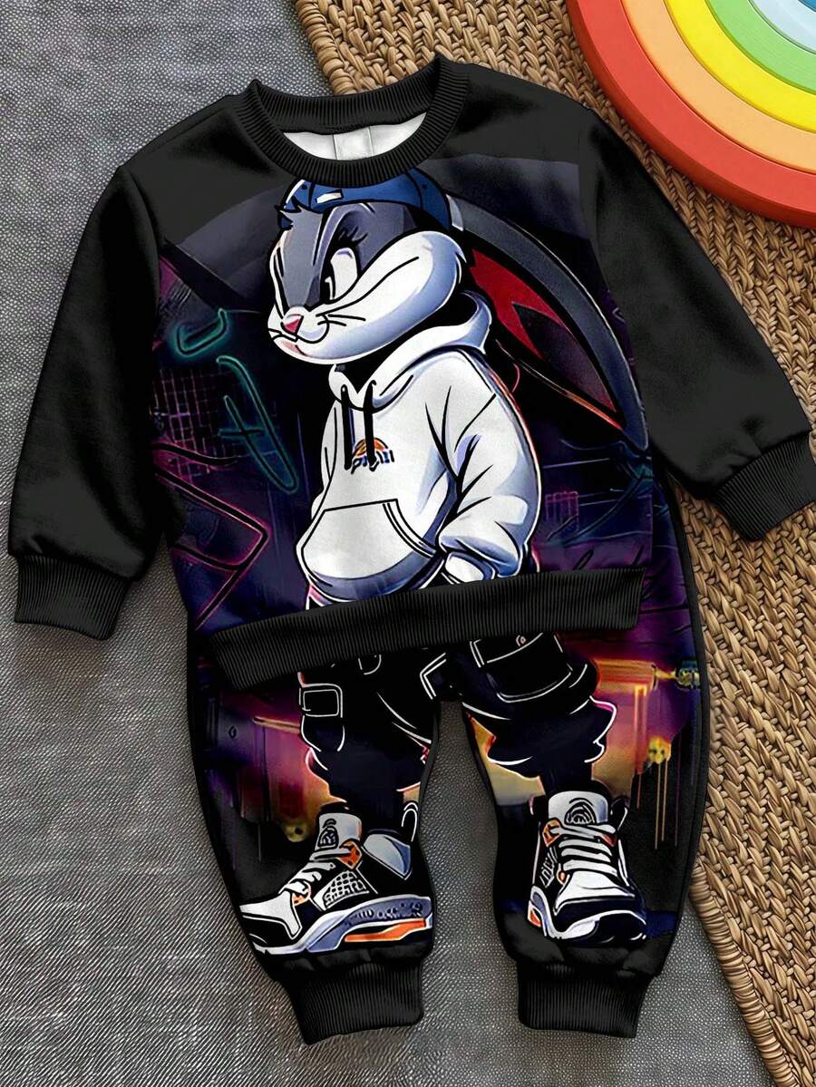 Young Boys Loose Sports Casual Comfortable Long Sleeve Sweatshirt & Pants 2 Pieces Set, Suitable For Autumn/Winter, Classic Cute Handsome Cartoon Rabbit Pattern Print - Multicolor - View 1