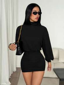 SHEIN PETITE High Neck Drop Shoulder Pleated Bodycon Dress - Black - View 6