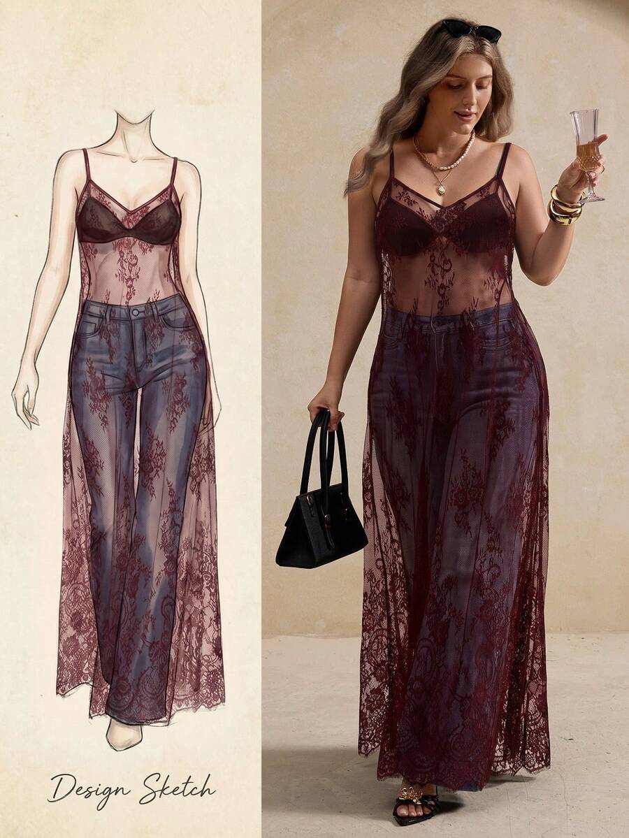 Elegantrix Women's Plus Size French Casual Spring/Summer Spaghetti Strap A-Line Sheer Sexy Lace Camisole - Burgundy - View 1