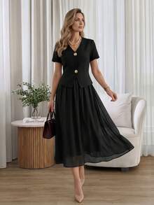 Miaspire Atasan Lengan Pendek Leher V dengan Rok Panjang Modis Berbahan Chiffon - Hitam - View 2