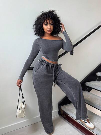 Alexandranx Conjunto de 2 Peças Feminino para Uso Diário, Top de Manga Longa em Malha Elástica Confortável com Gola Assimétrica e Calça de Moletom Pantalona Preta