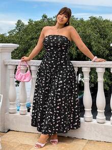 GalTyme Plus Size Women's Ditsy Floral Strapless Ruched Elegant Dress - Multicolor - View 6