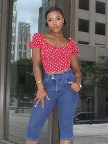 Steph T French Style New Summer Vintage Sweet & Cute Red Polka Dot Print Puff Sleeves Bowknot Blouse For Ladies - Red - View 4
