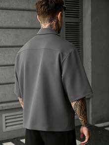 SLATEMANN Men's Solid Color Casual Versatile Daily Travel Shirt With Airplane Buckle - Grey - View 2