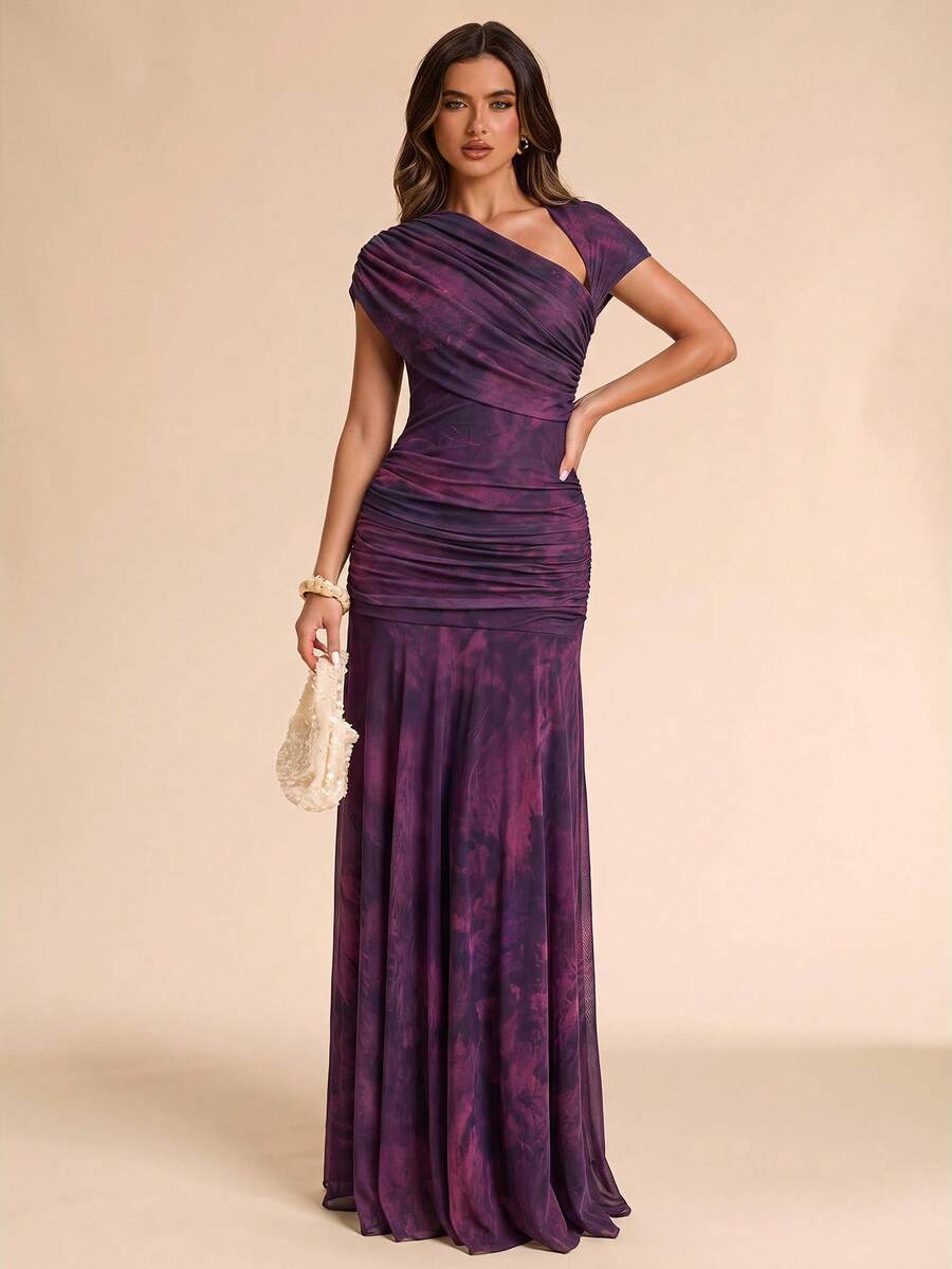 SHEIN BAE 春夏紫色紮染花卉印花圓領短袖修身抓皺大裙襬優雅洋裝 - 紫色 - 查看 1