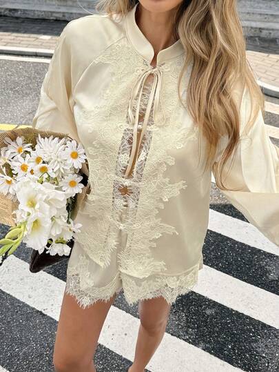 Serisse Women's Lace Patchwork Long Sleeve Top And Shorts Casual Daily 2 Pieces Set