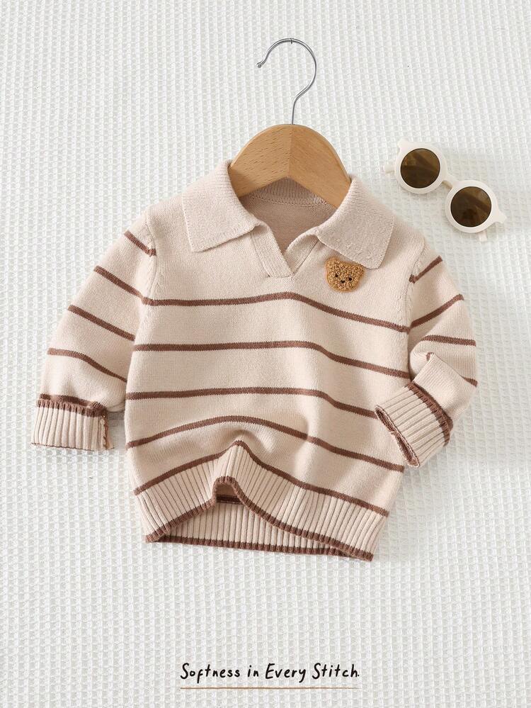Cozy Pixies Baby Boy Cartoon Bear Pattern Knitted Soft Striped Collar Long Sleeve Pullover Autumn Winter Sweater - Brown - View 8