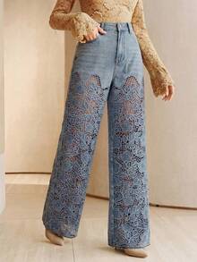 Anewsta Women's Sexy Hollow-Out Embroidered Straight-Leg Pants, Vacation Summer Promotion, Blue - Blue - View 6