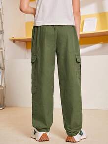 SHEIN 大童男孩運動休閒側翻蓋口袋軍綠色工裝長褲 - 軍綠色 - 查看 2