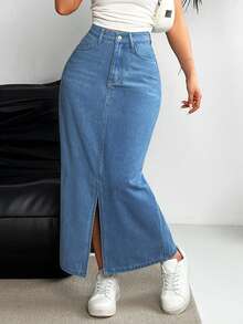 EMERY ROSE Women's Pocket Design Slit Hem Long Straight Casual Denim Maxi Skirt - Medium Wash - View 2